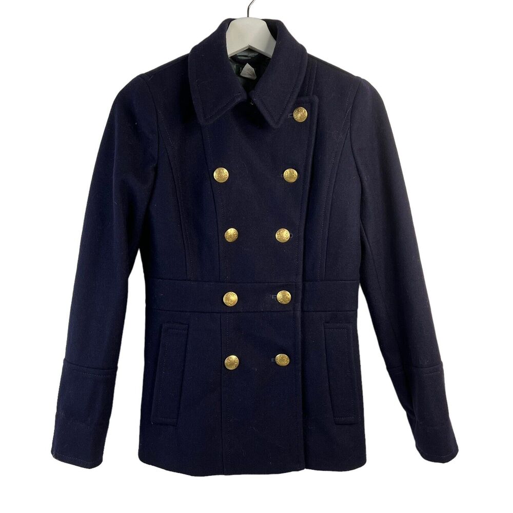 J. Crew Size 0 Peacoat Coat Wool Blend Navy Double Breasted Collared Pockets